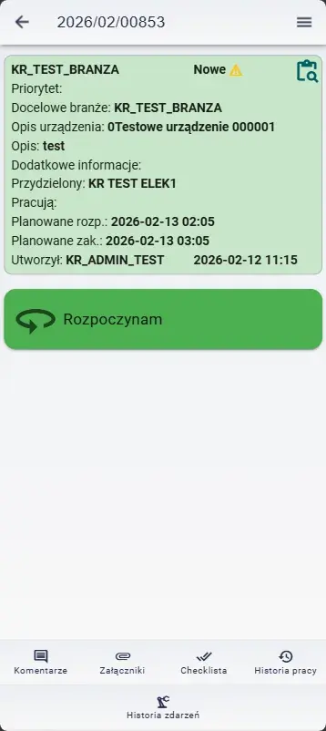 CMMS Mobile-App – Auftragsdetails mit Schaltfläche zum Arbeitsbeginn