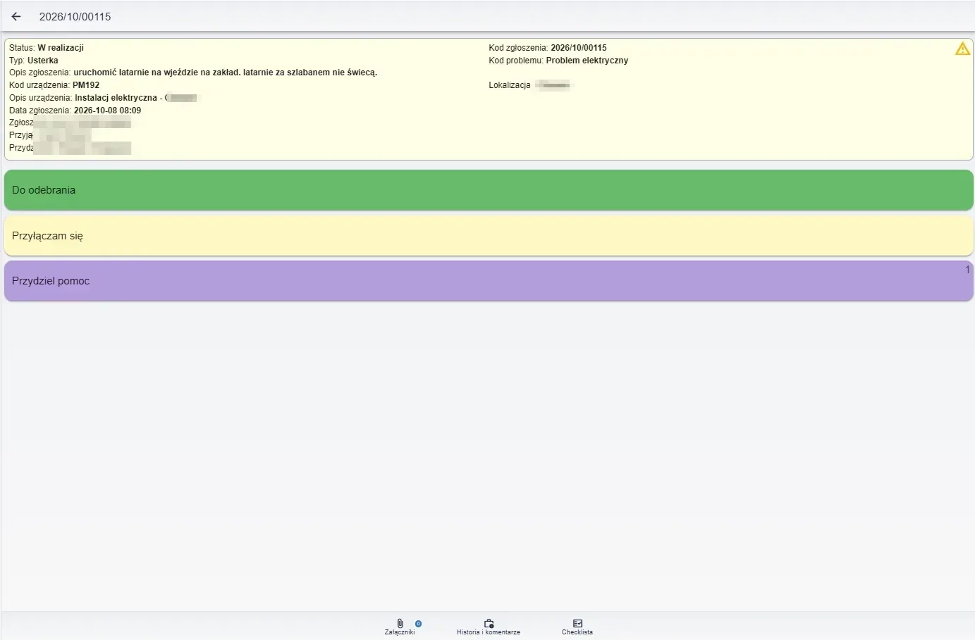 Work order details on a tablet – status, fault description, location, plus attachments, history and checklist