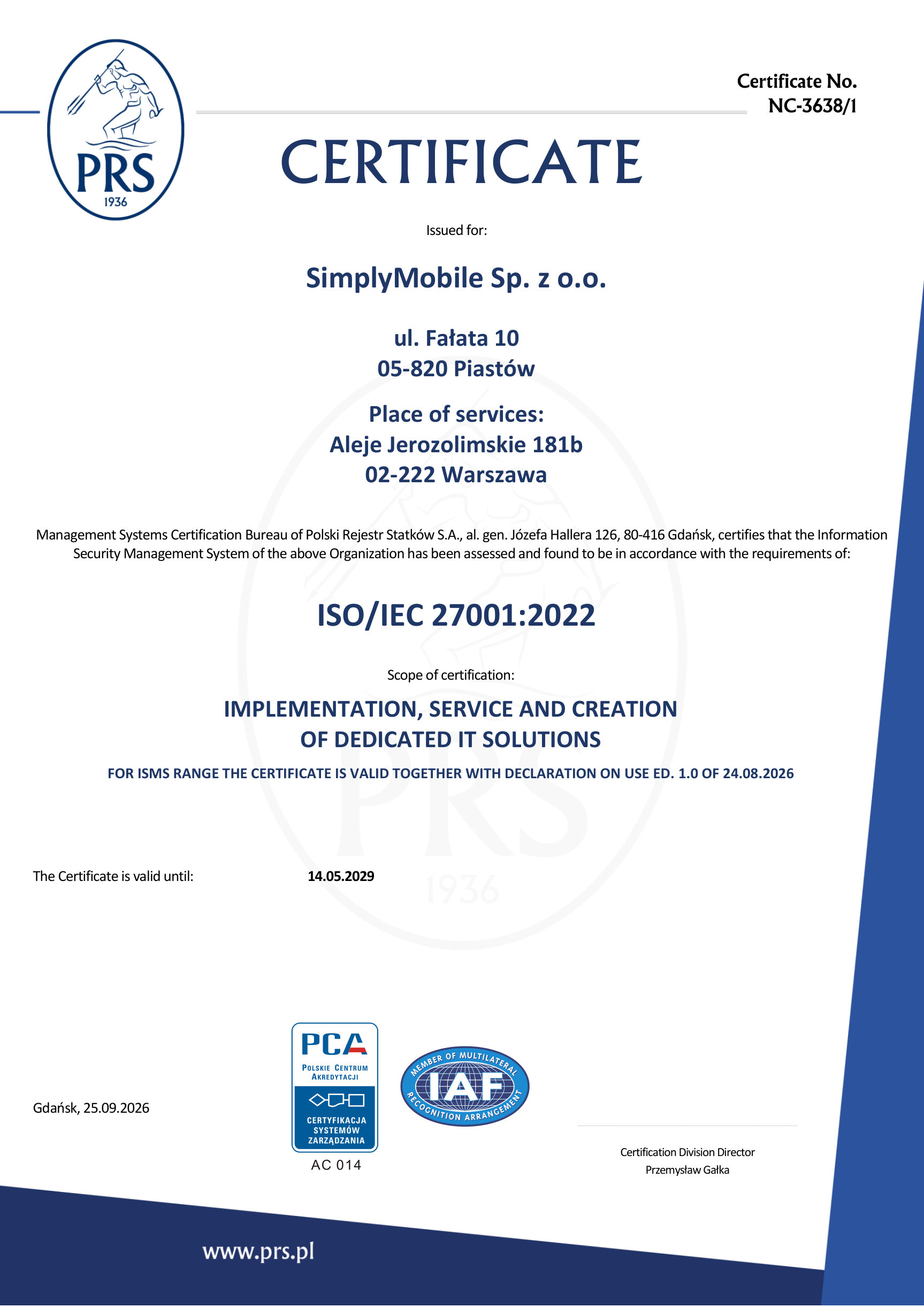 ISO/IEC 27001:2022-Zertifikat von SimplyMobile (PRS, Nr. NC-3638/1)