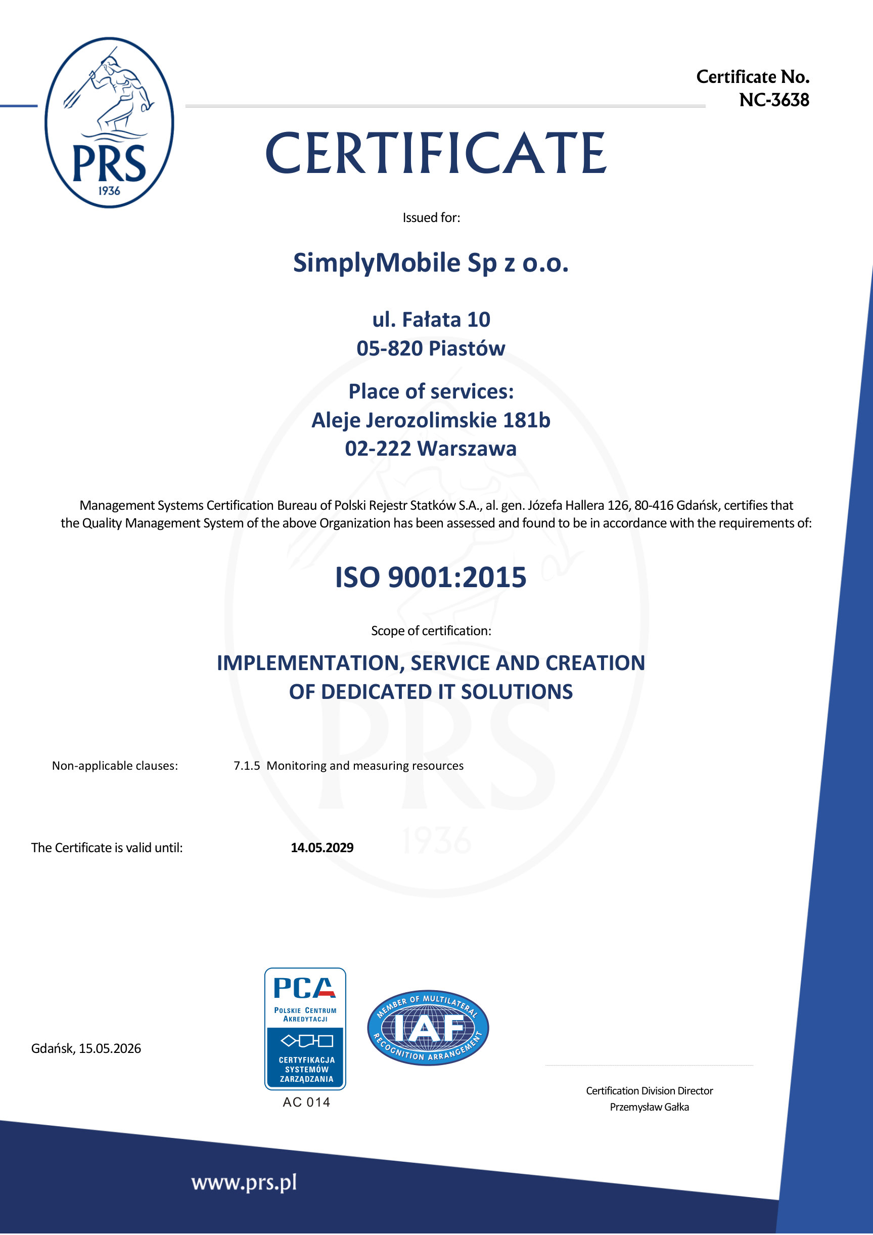 ISO 9001:2015-Zertifikat von SimplyMobile (PRS, Nr. NC-3638)